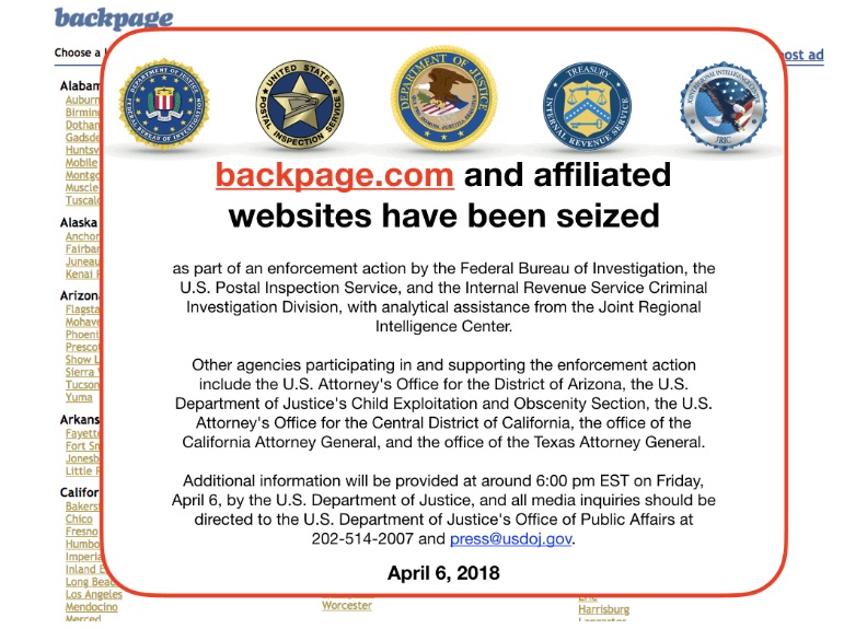 screenshot of backpage.com home page with warning message that website has been seized